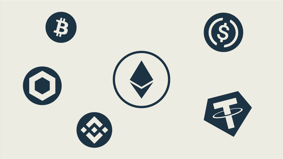 Seamless Access to DeFi with Popular ERC20 Tokens Illustration featuring popular cryptocurrency icons like Ethereum, Bitcoin, Binance Coin, Chainlink, Tether, and USD Coin, representing access to decentralized finance (DeFi) through widely used ERC20 tokens.