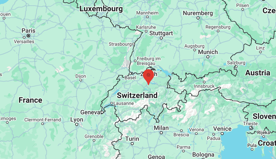 AuResources Office Location in Switzerland Map showing the location of AuResources’ office in Switzerland, marked with a red pin near Zurich, with surrounding cities such as Basel, Geneva, and Munich for reference.