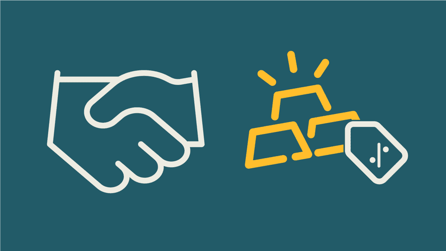 Illustration of a handshake symbolizing a forward sale agreement on the left, with gold bars and a discount tag on the right, representing a mutually beneficial deal for discounted future gold ownership.