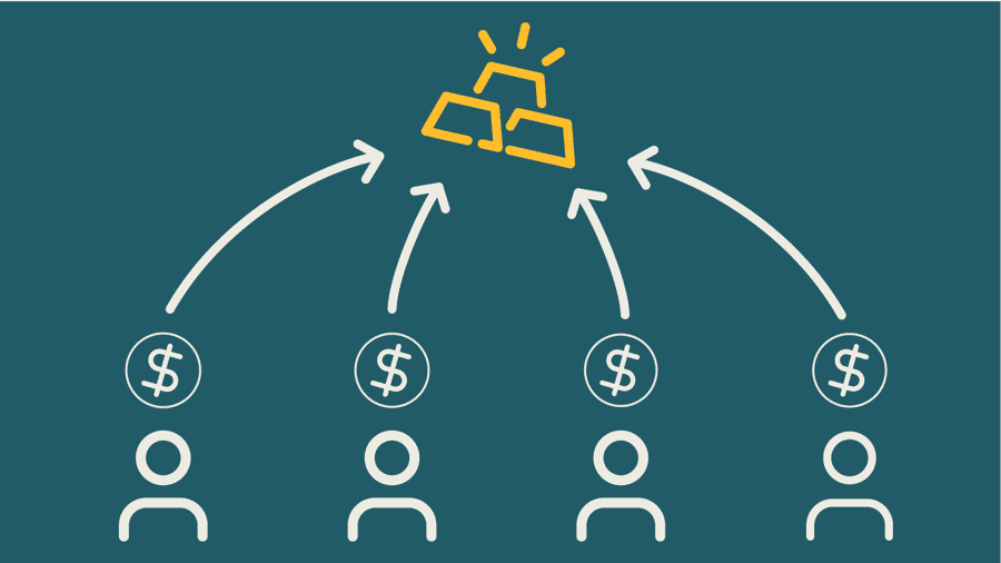 Illustration of crowdfunding for gold investment. Four investors with dollar symbols contribute funds, represented by arrows pointing to gold bars at the top, symbolizing a forward sale of gold